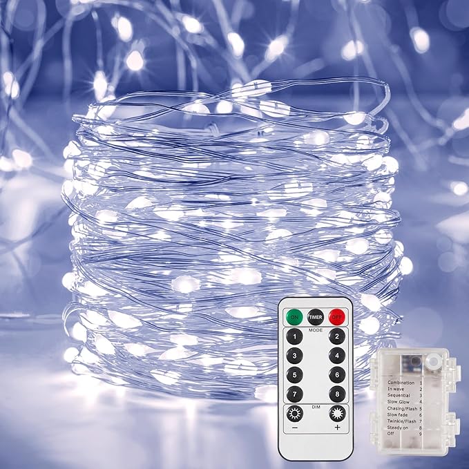 Ariceleo 2 Pack 65.6 Ft. Battery Operated Outdoor String Lights with Remote & Timer, LED Cool Whit Fairy Lights, Waterproof Twinkle Lights for Bedroom, Dorm, Mason Jar, Wedding, Party, Christmas