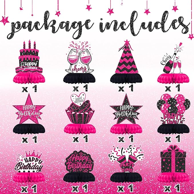 Hot Pink and Black Birthday Decorations – 12PCS Honeycomb Table Centerpieces for Girls Teens Women – Happy Birthday Table Decor Party Supplies