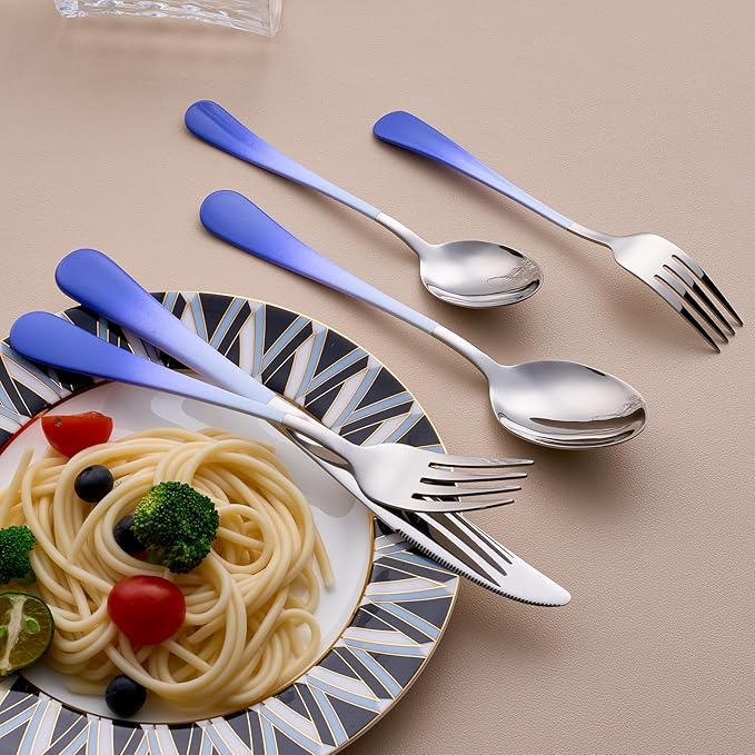 20-Piece White and Blue Silverware Set for 4, 18/0 Stainless Steel Flatware Cutlery Utensils Set, Includes Dinner Knives, Forks, Spoons, Salad Forks, Teaspoons, Dishwasher Safe