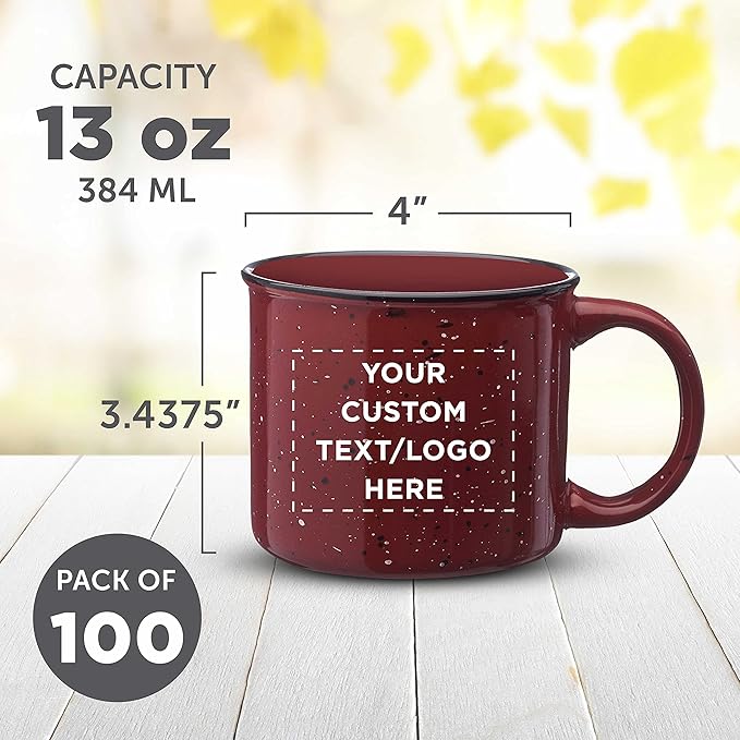 DISCOUNT PROMOS Custom Ceramic Campfire Coffee Mugs 13 oz. Set of 100, Personalized Bulk Pack - Perfect for Tea, Espresso, Cappuccino, Hot Cocoa - Maroon