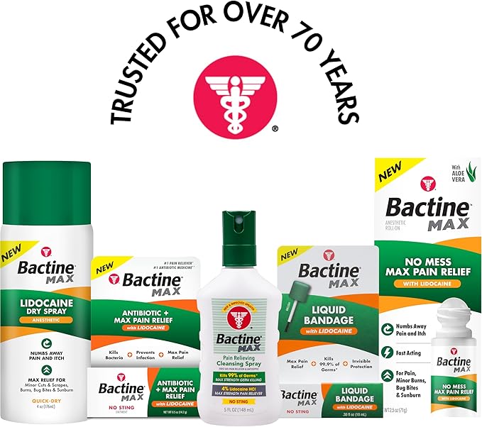 Bactine MAX First Aid Spray - Pain Relief Cleansing Spray with 4% Lidocaine - Numbing Lidocaine Kills 99% of Germs - Pain + Itch Relief for Minor Cuts & Scrapes, Burns & Bug Bites - 5oz, 4 Pack