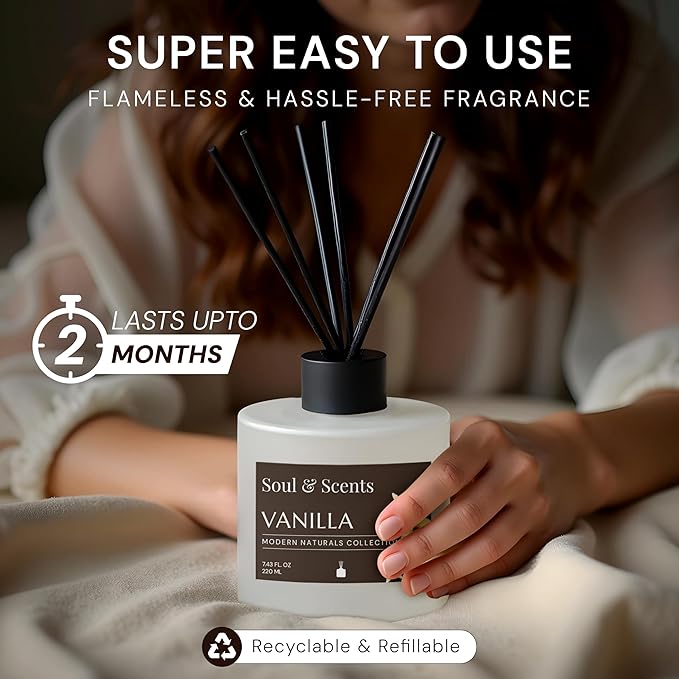 Soul & Scents Reed Diffuser Set – Vanilla | 7.43 oz Refillable Scented Oil with 6 Fiber Sticks | Long-Lasting Home Fragrance & Air Freshener for Bedroom, Bathroom, Office | Gift & Décor Piece