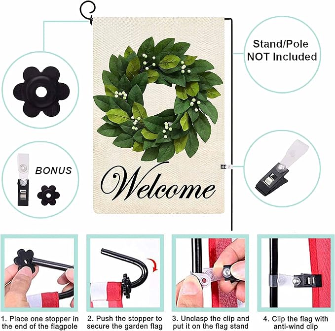 Baccessor Wreath Garden Flag Magnolia Leaves Welcome Small Yard Flag 12.5 X 18 Inch Double Sided Burlap Winter Spring Flag for Outside Decor