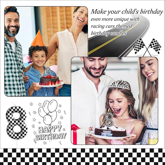 Racing Cars Themed Birthday Candle Number 8 Checkered Candle Birthday Party Decoration Cake Topper for Racing Car Party Decoration Theme Party Supplies (Number 8)