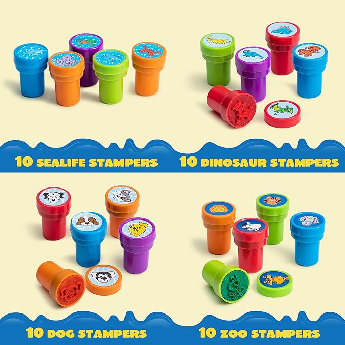 JOYIN 100PCS Assorted Stamps for Kids Self-Ink for Party Favor, Teacher Stamps, Kids Treasure Box, Prize for Classroom, Easter Egg Stuffers (50 Designs, Dinosaur, Halloween Stampers)