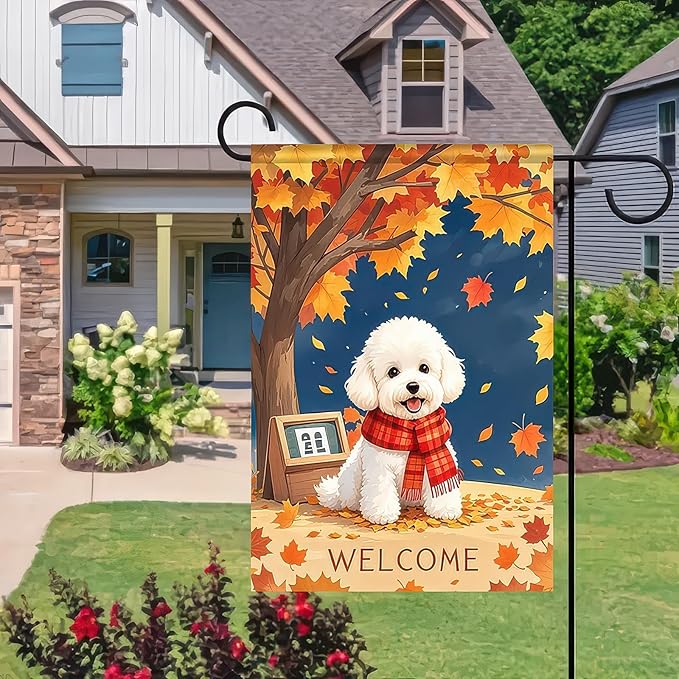BlissYard Thanksgiving Fall Garden Flag 12x18 Inch Welcome Poodle Dog Flag Double Sided Outdoor Autumn Yard Banner with Leaves and Tree for Porch Lawn Patio Seasonal Decor