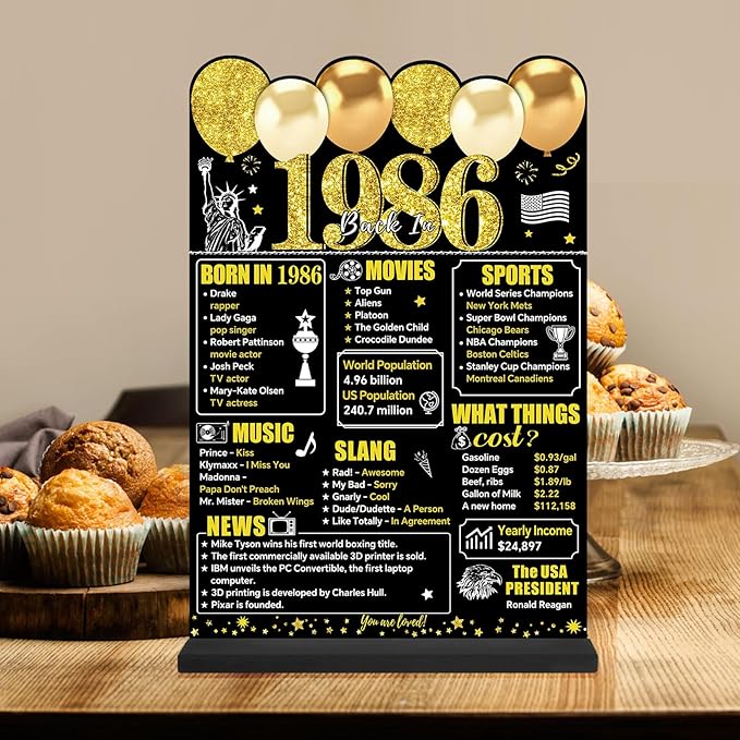 Black Gold 40th Birthday Decorations Gifts for Men Women, Two-Sided Vintage 40 Back in 1986 Theme Poster Wooden Table Sign with Stand, Forty Years Old Bday Centerpieces Holder for Table Decor