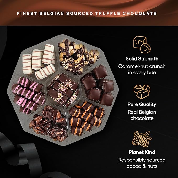 Fames Chocolates Gourmet Gift Box - Belgian Truffle Chocolate Assortment - Dairy-Free Kosher Chocolate with Caramel, Hazelnut, Crunch Nutty, Fudgy, Raspberry, and Mango - Holiday Candy Gift Basket