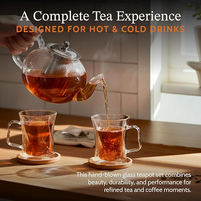 James Bentley Glass Coffee and Tea Set – Borosilicate Glass Teapot Set for Adults with 40oz Teapot & 4 Insulated Glasses, Stainless Steel Strainer for Bags and Loose Tea– Microwave, Dishwasher Safe