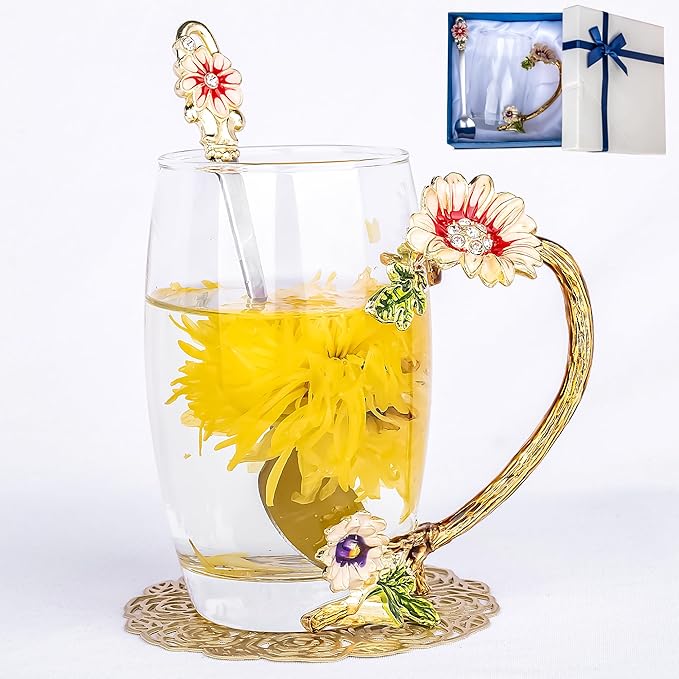 Flower Tea Cup,Butterfly Daisy Glass Fancy Coffee Mug with Spoon,Gift Box for Her Mom Wife Grandma Girls Friends Valentines Christmas Birthday Present Idea for Juice,Hot/Cold Drinks Use (purple)