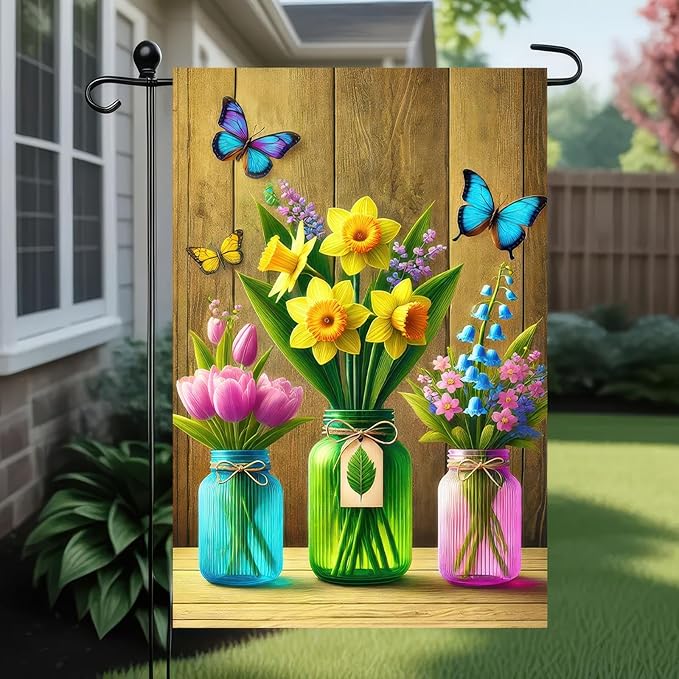 BlissYard Spring Garden Flag Double Sided 12x18 Inch Welcome Spring Summer Garden Flag Hello Springs Sign Flowers In Mason jars Gardens Flags Seasonal Rustic Yard Lawn Holiday Outdoor Decor Banner