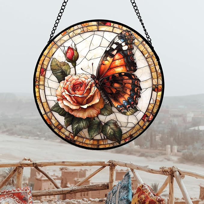 Stained Glass Window Hanging, Butterfly Picking Flowers Suncatcher for Doors Home Sun Catchers Decoration and Christmas, Mother's Day Birthday Gifts for Women, Men, and Mom 14.9x14.9 in