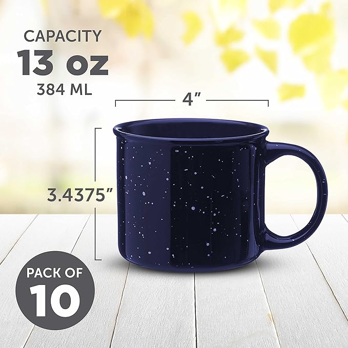 DISCOUNT PROMOS Ceramic Campfire Coffee Mugs 13 oz. Set of 10, Bulk Pack - Perfect for Tea, Espresso, Cappuccino, Hot Cocoa - Blue