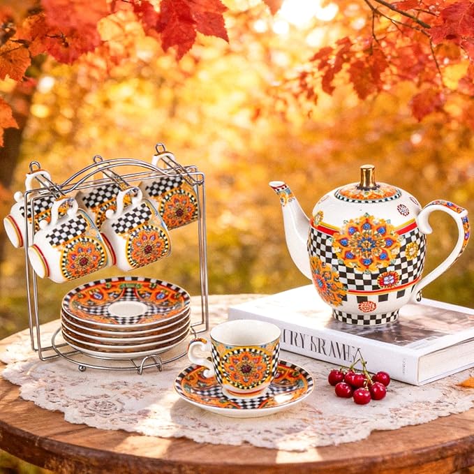 KAMMAK Tea Set for Adults Ceramic Tea Pots and Tea Cup Set, Colorful Tea Cups and Saucers Set for Afternoon Tea, Party, Home, Office, Mordern Porcelain Tea Set with Gold Rim（Chessboard Pattern）
