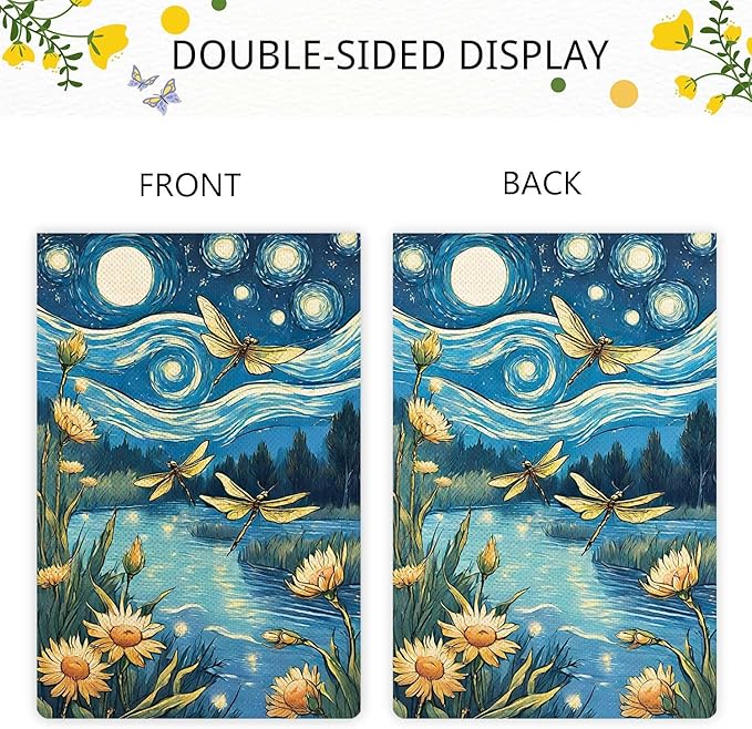 Welcome Summer Dragonfly Garden Flag Starry Night Garden Flag Small Flowers Vertical Double Sided Rustic Farmland Burlap Yard Lawn Outdoor Decor 28x40"