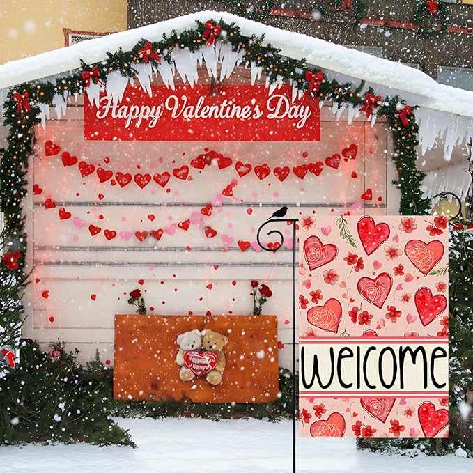 ZAEW Welcome Valentine’s Day Garden Flag Love Heart Floral Yard Flag 12x18 Inch Double Sided Small Mini Yard Outdoor Outside Holiday Decoration