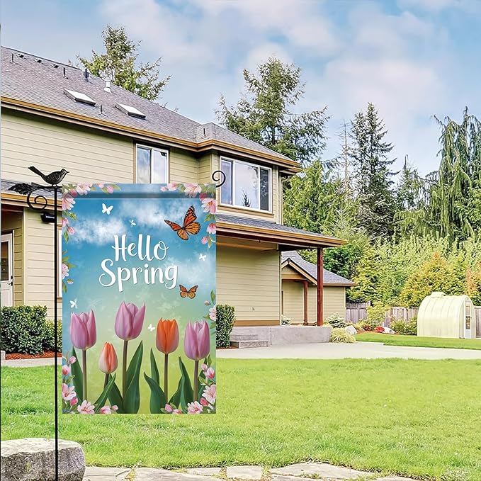 Starlit Patio Welcome Spring Garden Flag 12x18 Double Sided Small Butterflies Tulip Floral Flower Garden Flag House Outside Spring Summer Decoration Seasonal Flower Yard Outdoor Flag