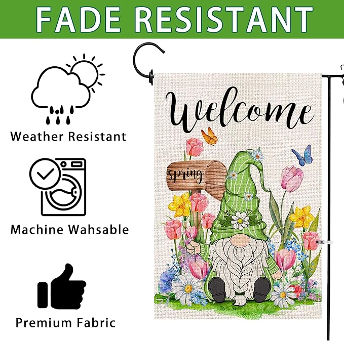 Spring Garden Flag 12x18 Inch Double Sided Outside, Spring Summer Seasonal Gnomes Yard Outdoor Flag, Welcome Garden Flags for Outside Yard Porch Decoration