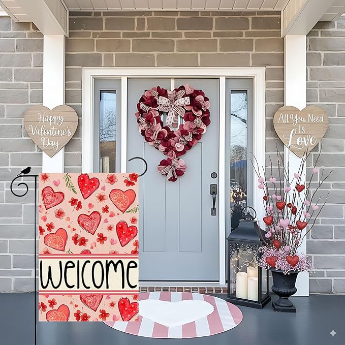 ZAEW Welcome Valentine’s Day Garden Flag Love Heart Floral Yard Flag 12x18 Inch Double Sided Small Mini Yard Outdoor Outside Holiday Decoration