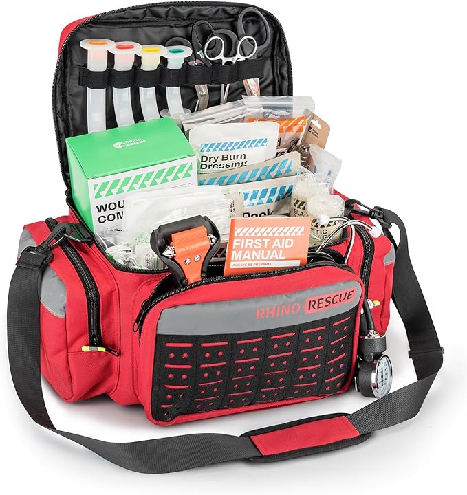 RHINO RESCUE First Responder First Aid Kit Fully-Stocked EMT Bag, Professional EMT/EMS Trauma Medical Kit, Molle System & Reflective Stripe, 300+ First Aid Supplies, Suits for Business, Home (Red)