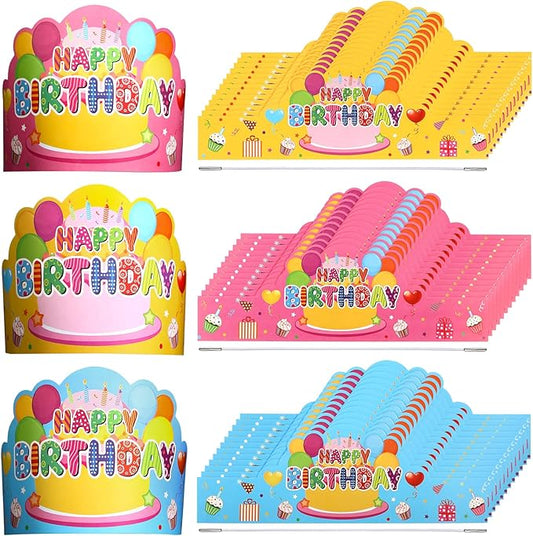 Yunsailing 36 Pcs Happy Birthday Crowns for Kids Paper Birthday Hat Crowns for Classroom Gifts Kids' Party(Pink, Yellow, Blue)