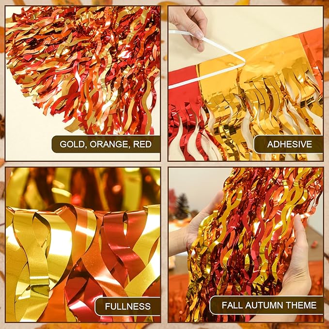 Mega-L Thanksgiving Party Decorations, 4 Pack Red Orange Gold Wavy Metallic Tinsel Foil Fringe Table Skirts for Rectangle and Round Table, Party Decorations for Friendsgiving Fall Harvest Autumn Party