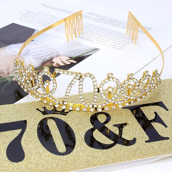 Casoty Gold 70th Birthday Decorations, 70th Birthday Sash and Tiara for Women, 70 & Fabulous Sash and Tiara, Happy 70 Birthday Party Favor Supplies for Women, 70th Gifts for Her
