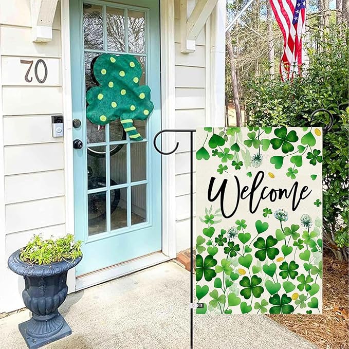 Baccessor St.Patrick's Day Welcome Garden Flag 12.5x18 Inch Double Sided,Green Lucky Shamrock Clover Flag Spring Farmhouse Holiday Yard Lawn Outdoor Outside Decoration