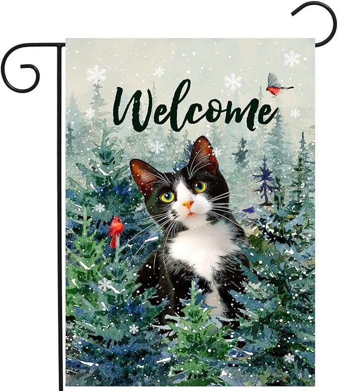 DZGlobal Welcome Winter Garden Flags Cat Garden Flag Cardinal Birds on Snowy Pine Tree Flag Tuxedo Cat Yard Flags for Outside 12x18 Double Sided Christmas Decorative Lawn Flags