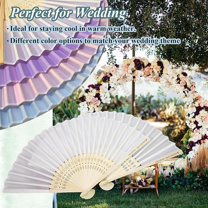 Personalized 10 Pack White Folding Hand Fans, Custom Wedding Fans for Guests, Silk Fabric Bamboo Folded Hand Fan Bridal Dancing Props Church Wedding Gift Party Favors Birthday Party Supplies