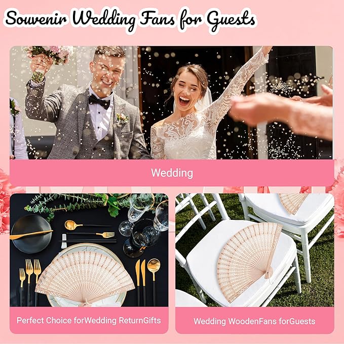 MBDFUT 100Pcs Personalized Sandalwood Wedding Fans with Organza Bags, Foldable Custom Wooden Fans, Handheld with Text/Date, Wedding Party Favors for Guests