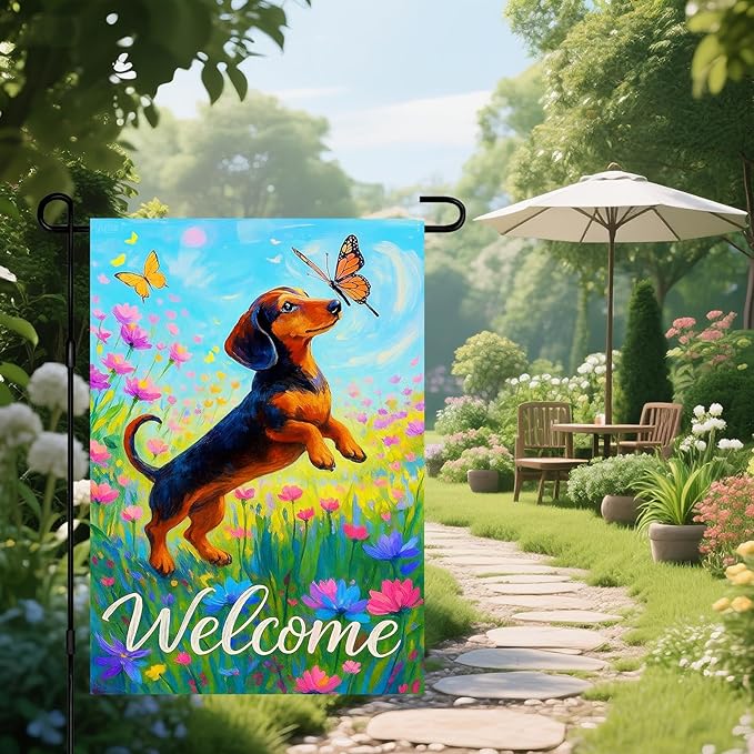 IVN Welcome Dachshund Garden Flag 12x18 Inch Double Sided Dog Butterfly Flower Outdoor Yard Flag for Home Front Door Lawn Porch Spring Decor