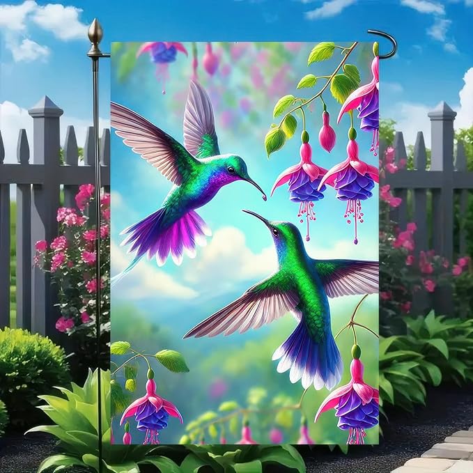 BlissYard Spring Garden Flag Double Sided 12 x 18 Inch Hummingbird Garden Flag Welcome Flags Floral Flowers Yard Flag Vintage Spring Yard Lwan Flag House Seasonal Farmhouse Outside Outdoor Decoration