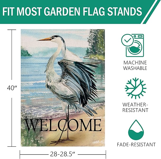 Furiaz Welcome Spring Summer Seabird Coastal Beach Large Decorative House Flag, Blue Heron Yard Bird Sea Lake Ocean Home Outside Decoration, Nautical Tropical Outdoor Decor Double Sided 28x40