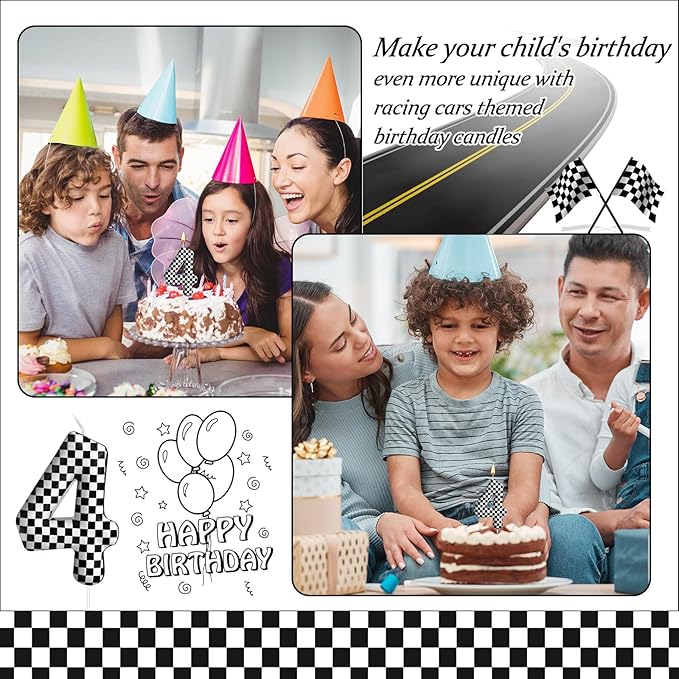 Racing Cars Themed Birthday Candle Number 4 Checkered Candle Birthday Party Decoration Cake Topper for Racing Car Party Decoration Theme Party Supplies (Number 4)