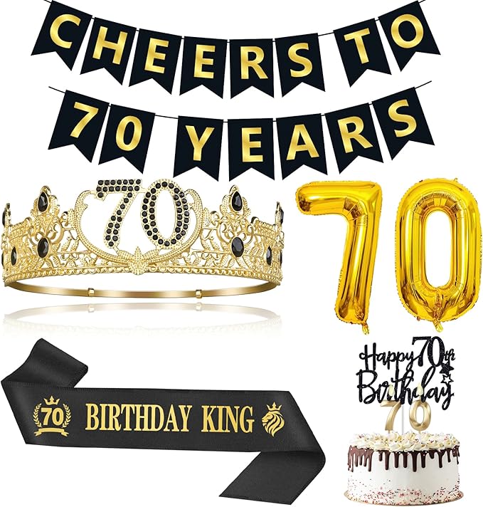 70th Birthday Gifts for Men, 70th Birthday Decorations for Men, Party Decor Supplies including King Crown & Sash & Banner & Balloons & Cake Topper & Candles
