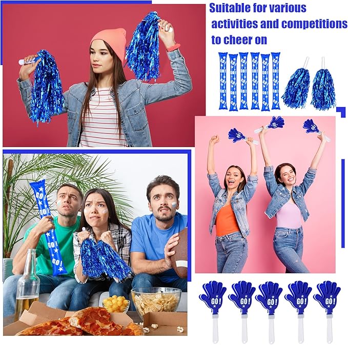 Hungdao 60 Pcs Noise Makers Homecoming Football Favors Include 24 Thunder Sticks Cheer Sticks 12 Hand Clapper 24 Cheerleading Pom Poms for Sporting Events Pep Rally Supplies(Blue)