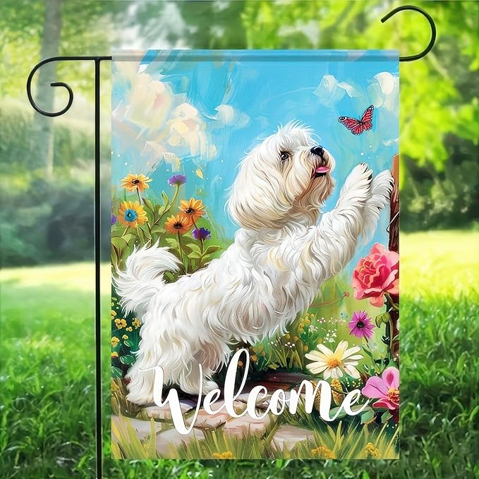 BlissYard Welcome Spring Summer Garden Flag Maltese Dog Flag 12x18 Double Sided Flowers Floral Seasonal Home Decor Banner Farmhouse Outdoor Yard Decoration Flag