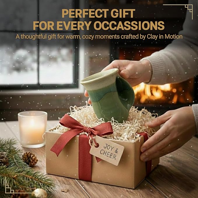Clay in Motion Hand Warmer Coffee Mug – Handmade Coffee Mug With Comfortable Handle Contoured Pocket Hand Warming Ceramic Coffee Mug – Proudly Made in USA – Right Handed – 14 Oz - Grass Lands