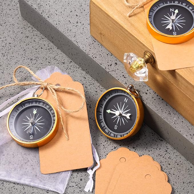 TaoBary 60 Pcs Compasses Valentines Day Wedding Party Favors Set, 2026 Mini Compass Souvenir Nautical with Kraft Tags and Organza Bag for Guests Birthday Nautical Travel Party Souvenir Gift(Silver)