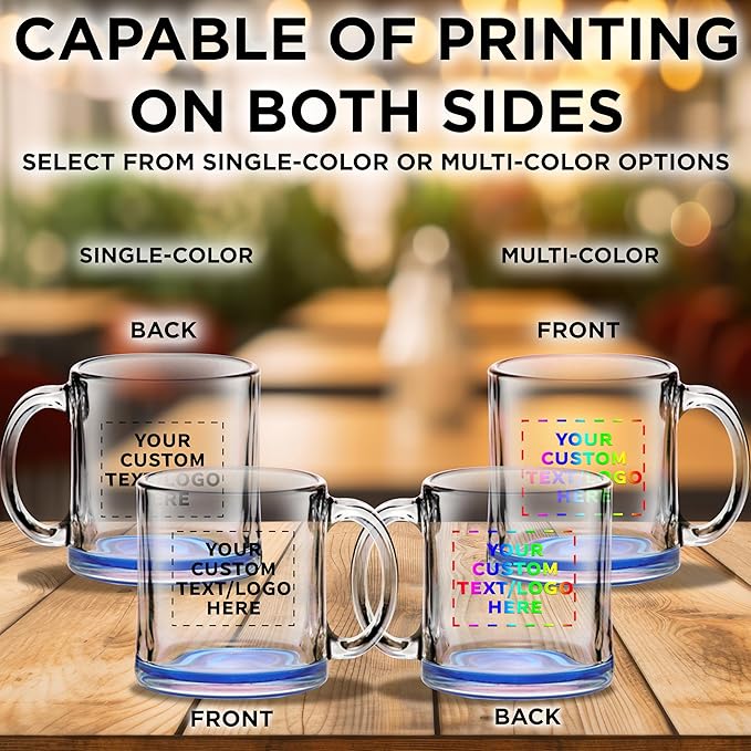 Custom Libbey Clear Glass Coffee Mugs 13 oz. Set of 10, Personalized Bulk Pack - Perfect for Coffee, Tea, Espresso, Hot Cocoa, Other Beverages - Blue Bottom