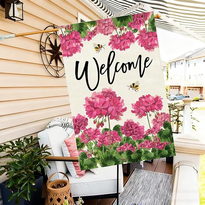 Baccessor Spring Summer Geranium Welcome House Flag Double Sided Burlap,Pink Floral Bee Large Garden Flag Seasonal Farmhouse Front Entry Yard Porch Patio Outside Outdoor Decor 28x40 Inch