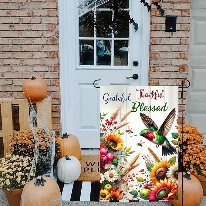 BlissYard Grateful Thankful Blessed Garden Flag 12x18 Inch Double Sided Yard Flag with Hummingbird and Sunflower Design for Spring Summer Outdoor Farmhouse Lawn Porch Decoration
