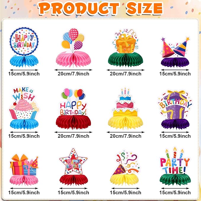 12 Pieces Birthday Table Decorations Colorful Happy Birthday Table Centerpieces Party Honeycomb Centerpieces Table Toppers for Kids Party Supplies