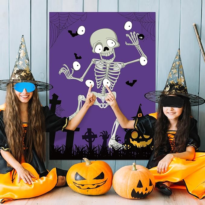 Hooqict Halloween Games for Kids Party Pin The Eyeball on The Mr.Bone Halloween Party Games Classroom Activities, Large Halloween Pin The Tail Game Poster with 40 Eyeball Stickers