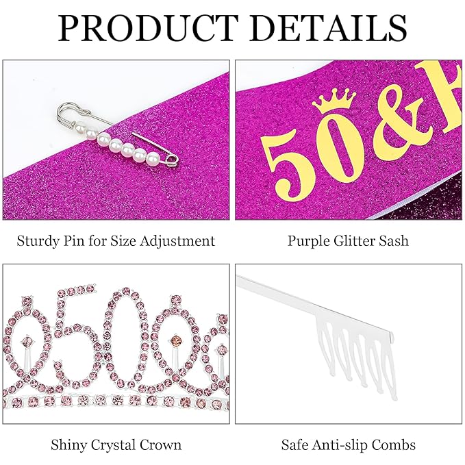 Casoty 50th Birthday Sash and Tiara, 50th Birthday Party Decorations for Women, 50 and Fabulous Sash and Crown Set, 50 Party Supplies for Women, Gifts for Her
