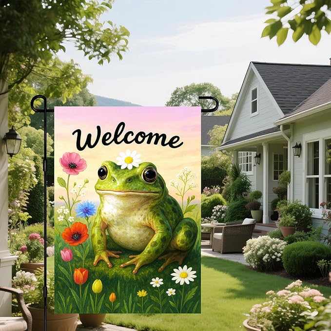 IVN Spring Garden Flag 12x18 Inch Double Sided Frog and Wildflower Meadow Scene Outdoor Yard Flag for Outside Front Door Lawn Porch Patio Welcome Decor