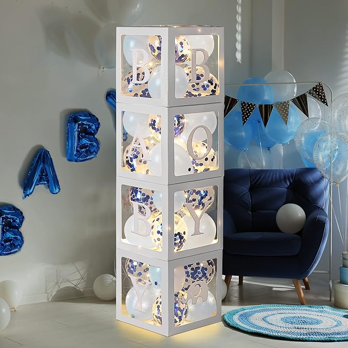 Baby Shower Balloon Box Decorations, 4 Pcs Baby Blocks Transparent Balloon Boxes with “BABY GIRL” Letters, 4 Pack Led Fairy String Lights and 40 Pcs Latex Balloons for Gender Reveal Backdrop(Blue)