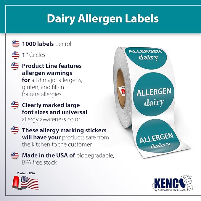 Kenco Allergen Warning Stickers - 1" Circle Label, 1,000 Allergy Warning Labels Per Roll in Universal Allergy Awareness Colorway (1 Pack, Dairy)