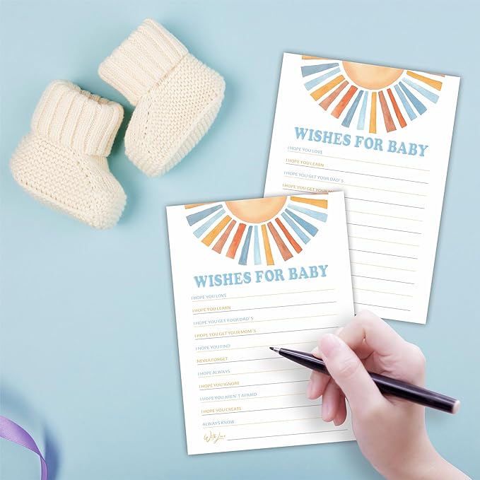 Wishes for Baby - Shower Game Kit - Watercolor Retro Sun - 30 Double-Sided Fill in Cards for Shower, Gender Reveal Party Favor, Activity & Supplies - D10